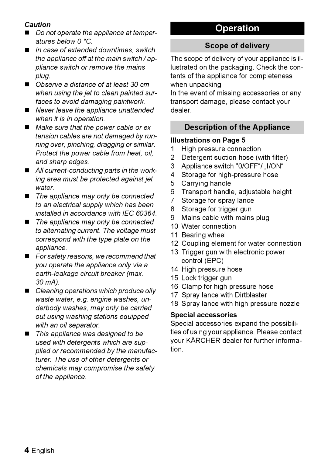Karcher K 2.54 M manual Operation, Scope of delivery, Description of the Appliance, Illustrations on, Special accessories 