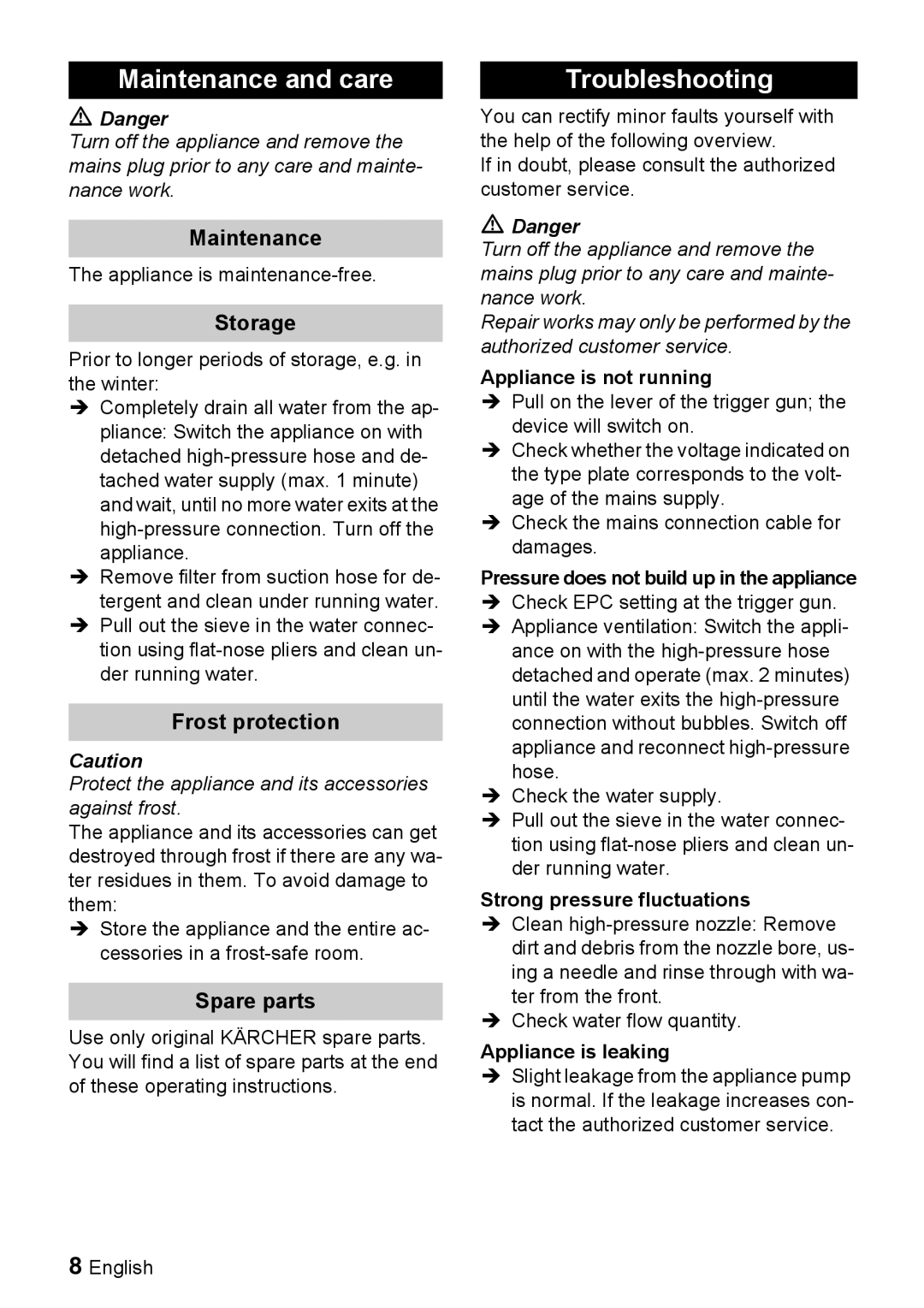 Karcher K 2.54 M manual Maintenance and care, Troubleshooting 