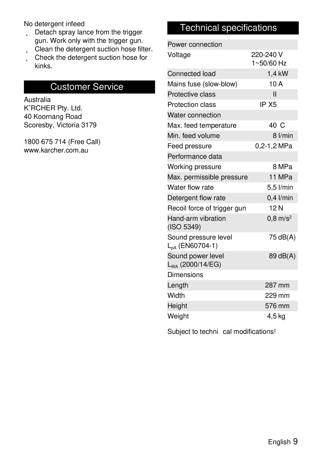 Karcher K 2.54 M manual Customer Service, Technical specifications 