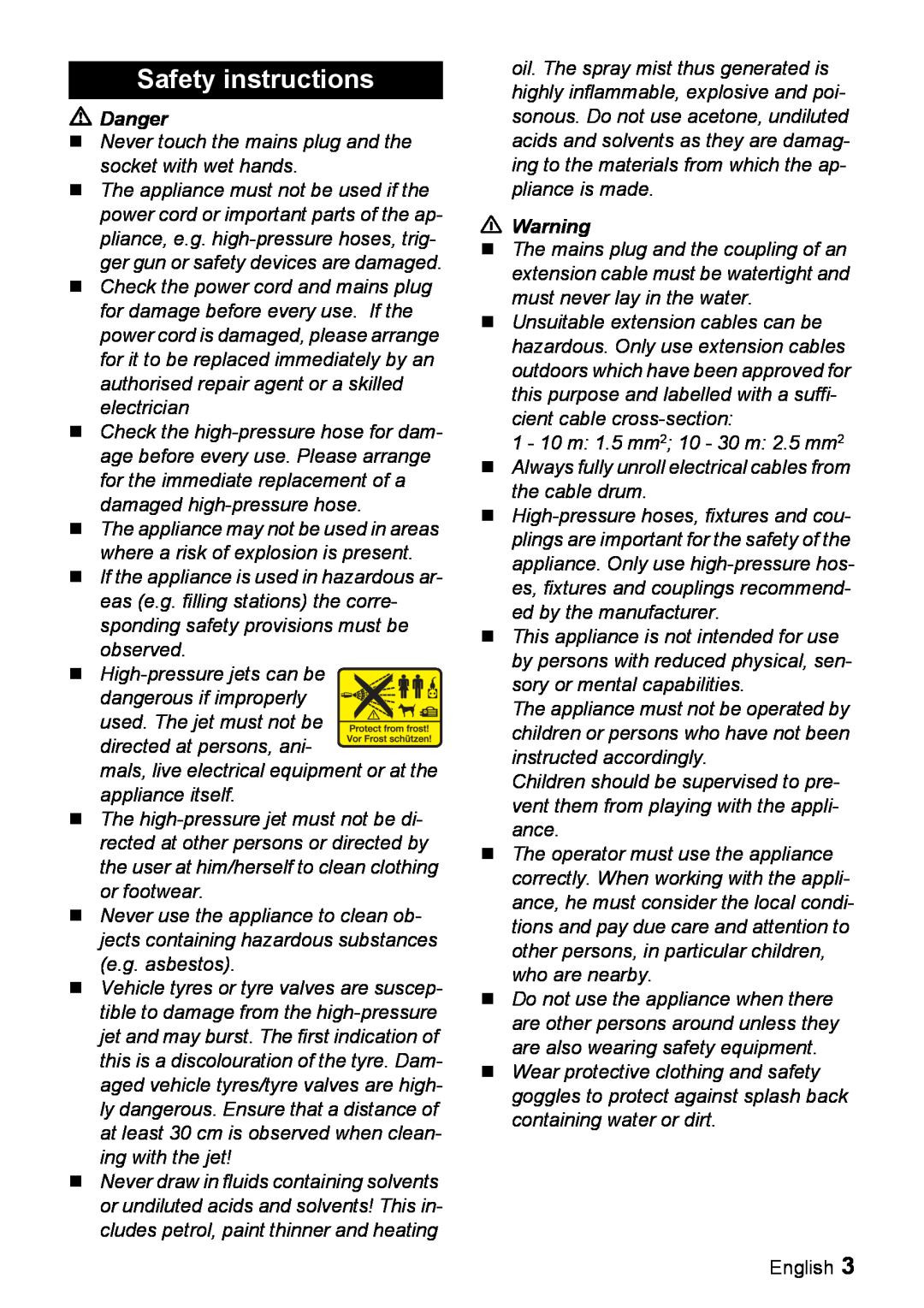 Karcher K 2.54 M manual Safety instructions, Danger, English 