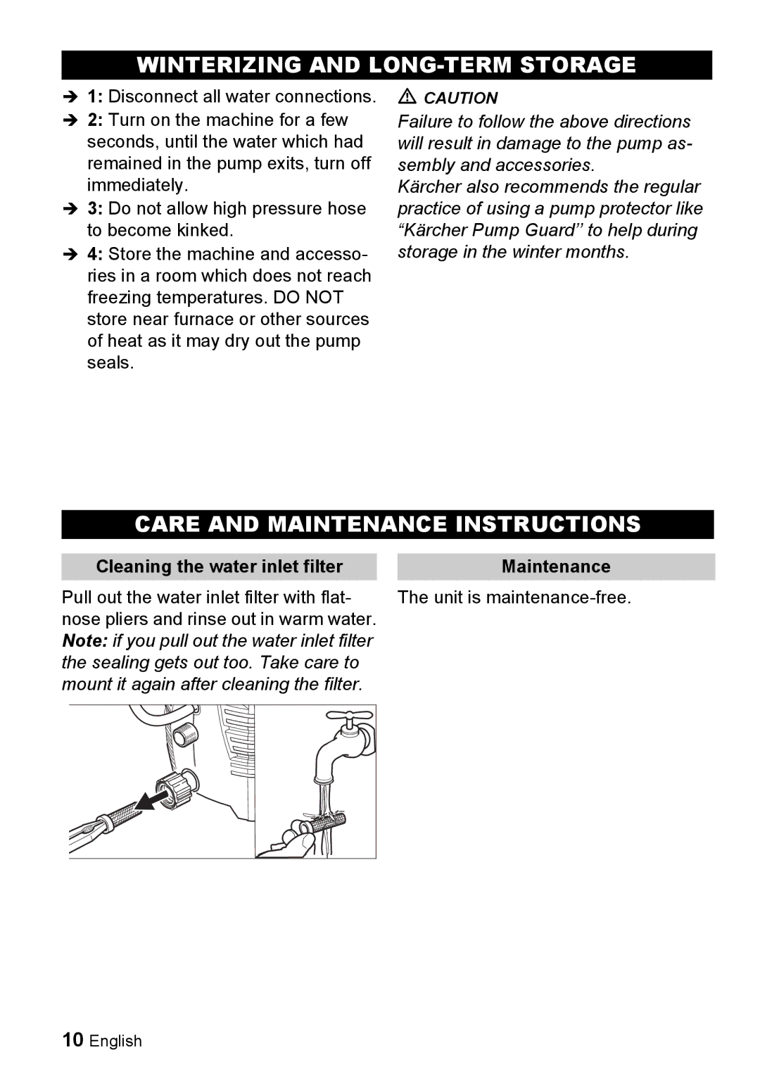 Karcher K 2.55 manual Winterizing and LONG-TERM Storage, Care and Maintenance Instructions 