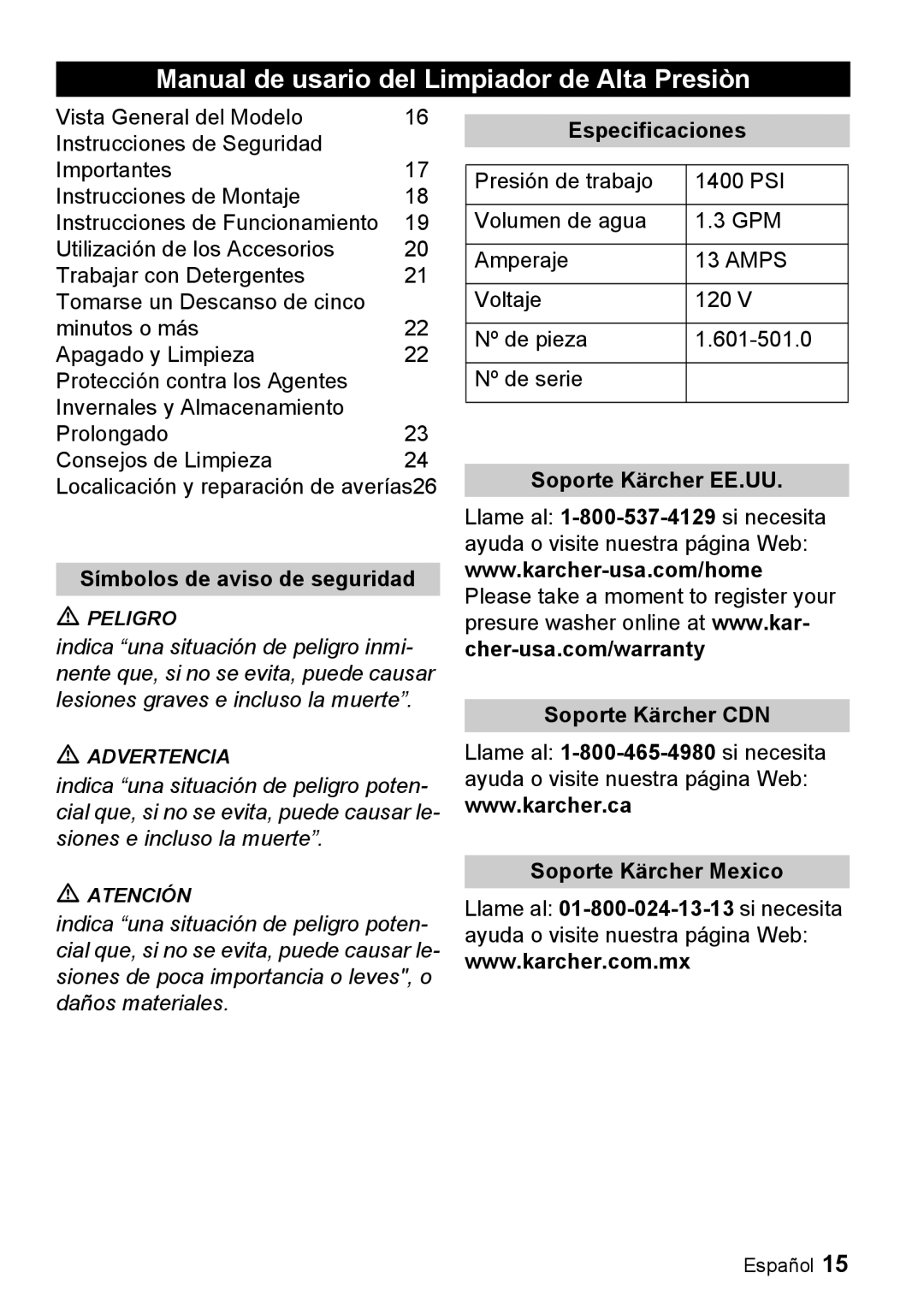 Karcher K 2.55 manual Manual de usario del Limpiador de Alta Presiòn, Símbolos de aviso de seguridad, Especificaciones 