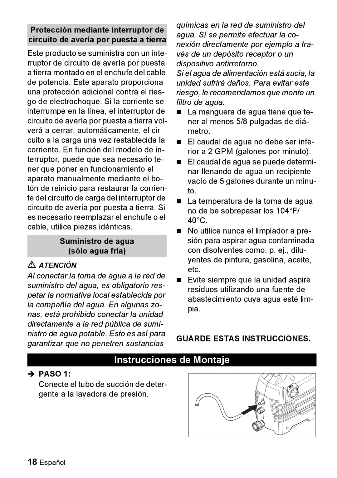 Karcher K 2.55 manual Instrucciones de Montaje, Suministro de agua Sólo agua fría, Paso 