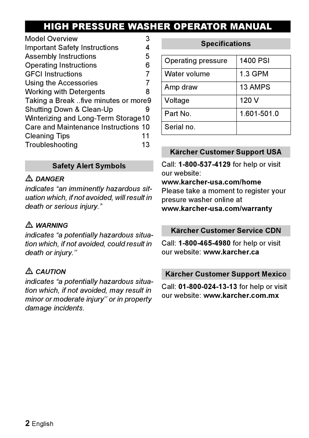 Karcher K 2.55 High Pressure Washer Operator Manual, Specifications, Kärcher Customer Support USA Safety Alert Symbols 