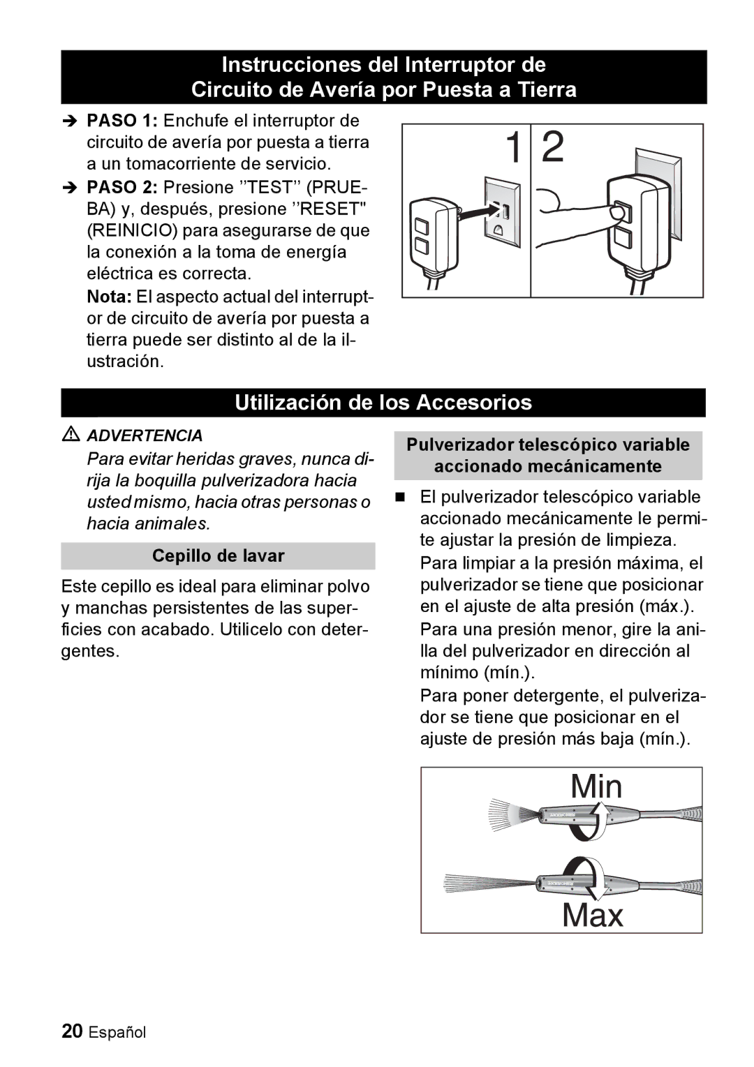 Karcher K 2.55 Instrucciones del Interruptor de, Circuito de Avería por Puesta a Tierra, Utilización de los Accesorios 