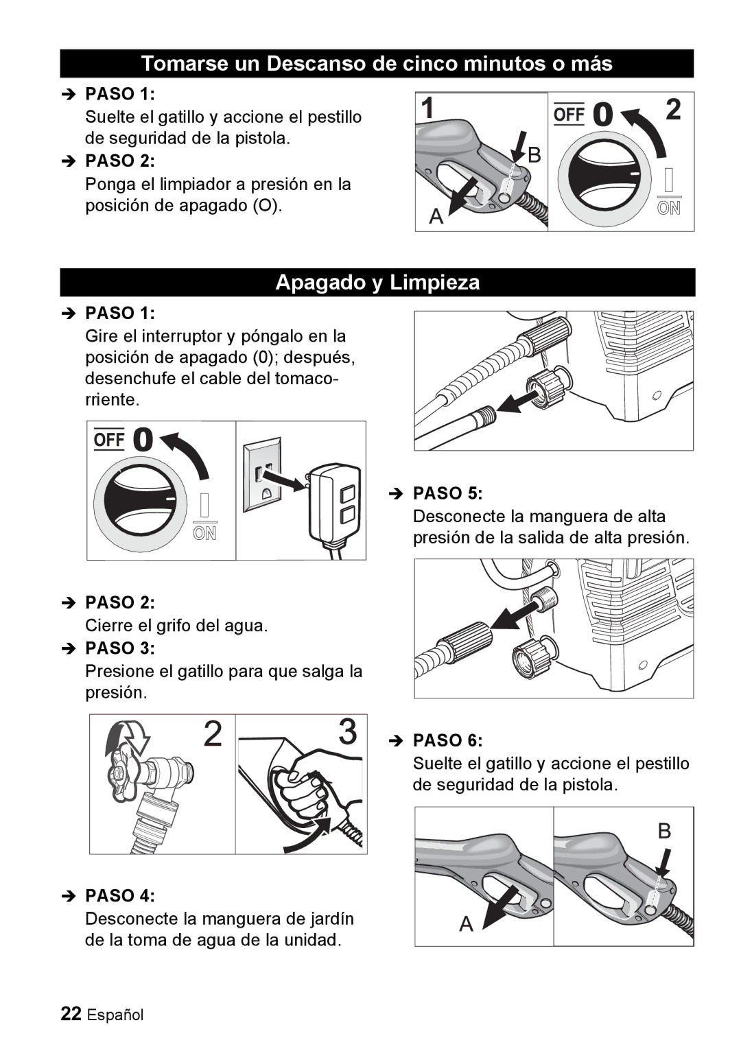 Karcher K 2.55 manual Tomarse un Descanso de cinco minutos o más, Apagado y Limpieza 