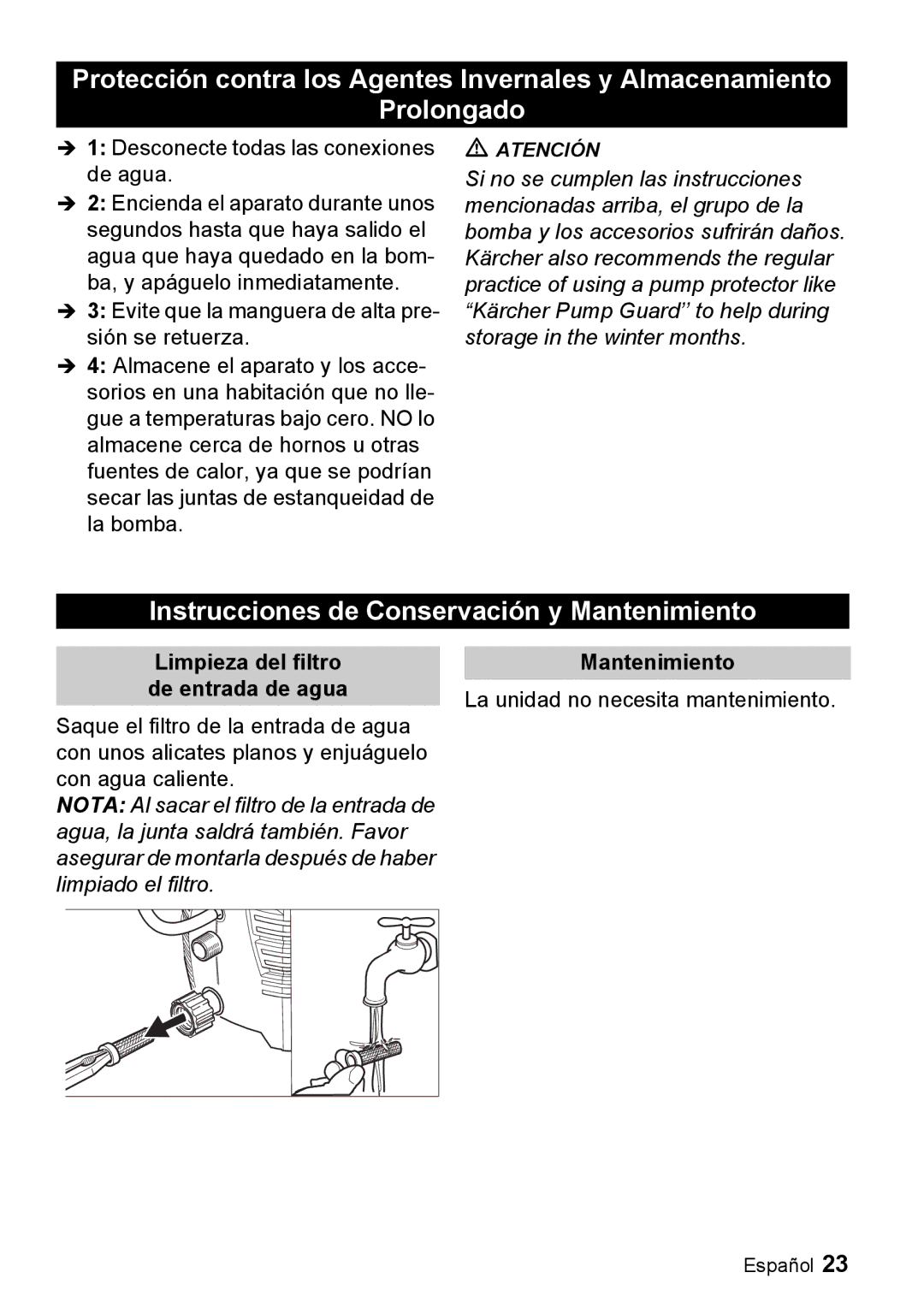 Karcher K 2.55 manual Instrucciones de Conservación y Mantenimiento, Limpieza del filtro de entrada de agua 