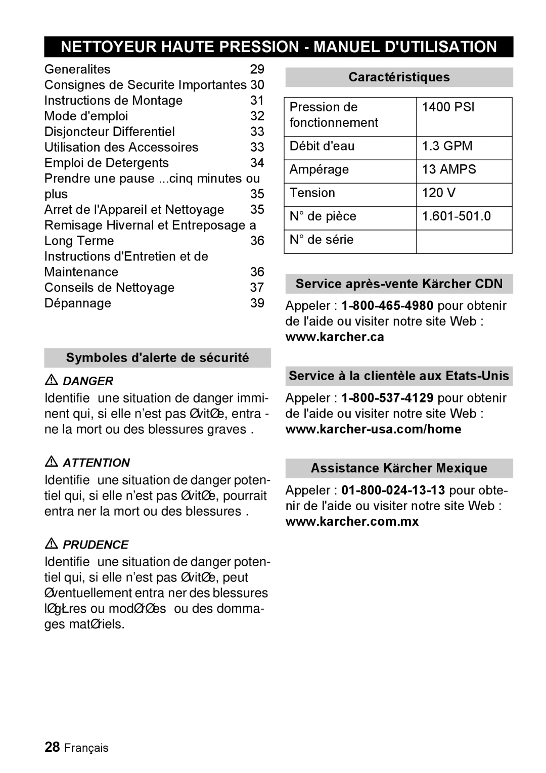 Karcher K 2.55 manual Nettoyeur Haute Pression Manuel Dutilisation, Symboles dalerte de sécurité, Caractéristiques 