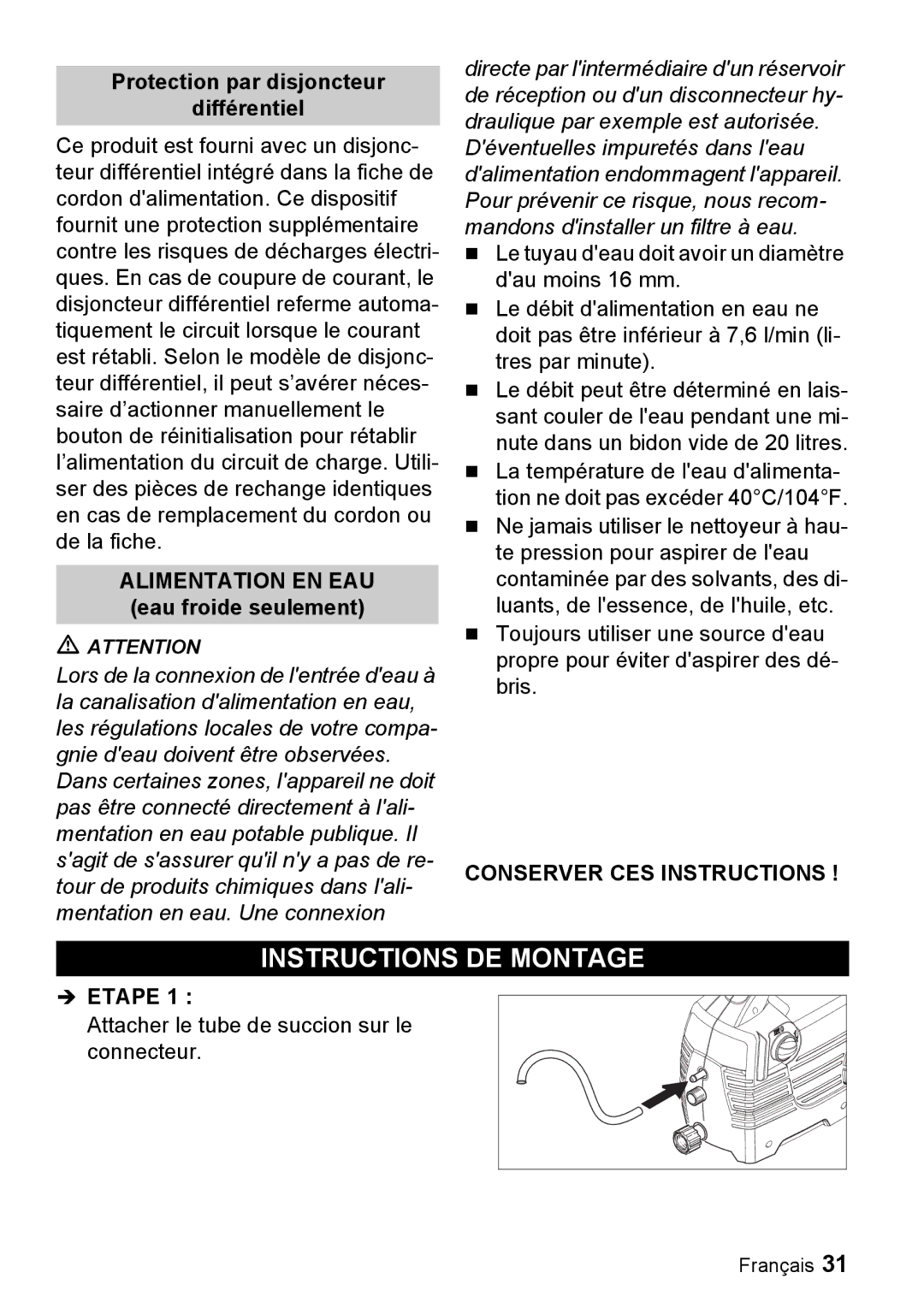 Karcher K 2.55 Instructions DE Montage, Protection par disjoncteur Différentiel, Alimentation EN EAU eau froide seulement 