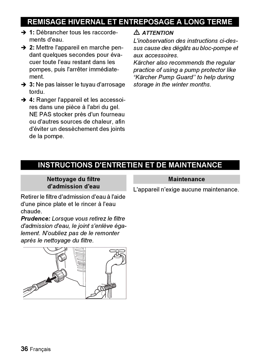 Karcher K 2.55 manual Remisage Hivernal ET Entreposage a Long Terme, Instructions Dentretien ET DE Maintenance 