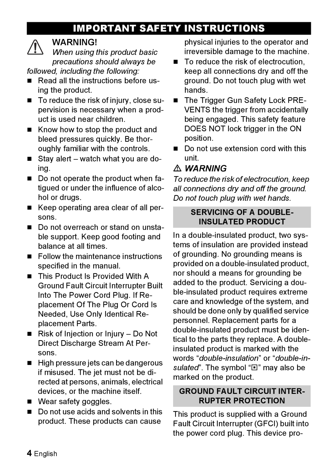 Karcher K 2.55 manual Important Safety Instructions, Servicing of a Double Insulated Product 