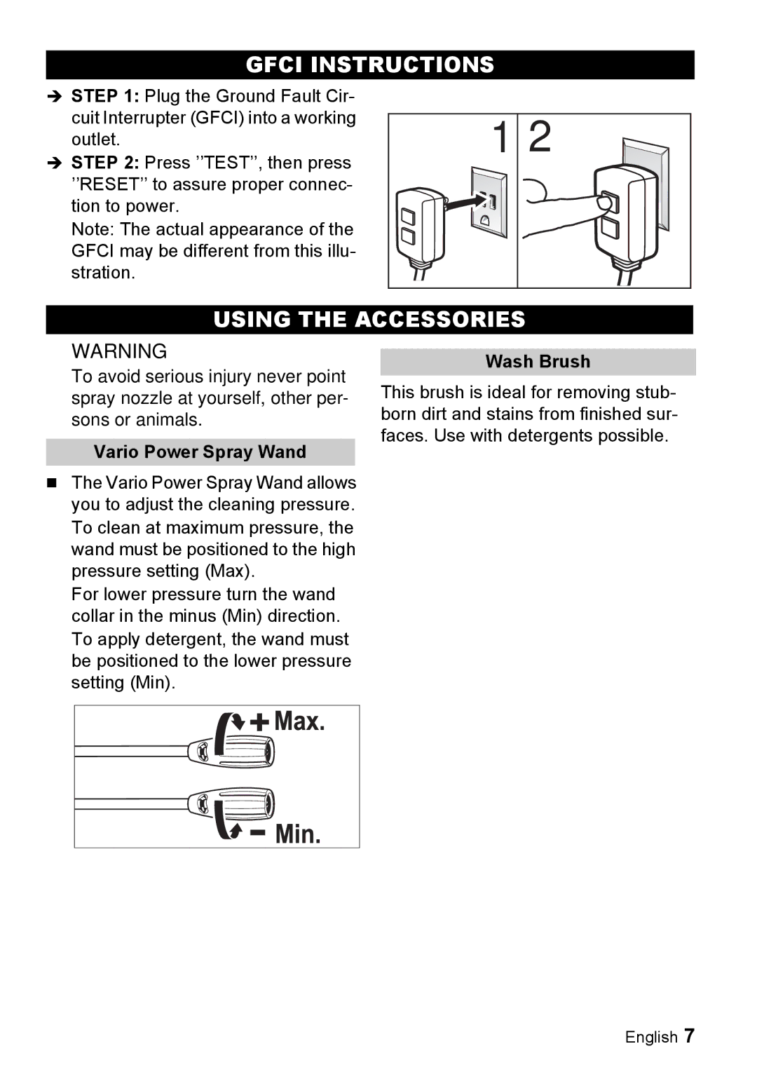 Karcher K 2.55 manual Gfci Instructions, Using the Accessories, Vario Power Spray Wand, Wash Brush 