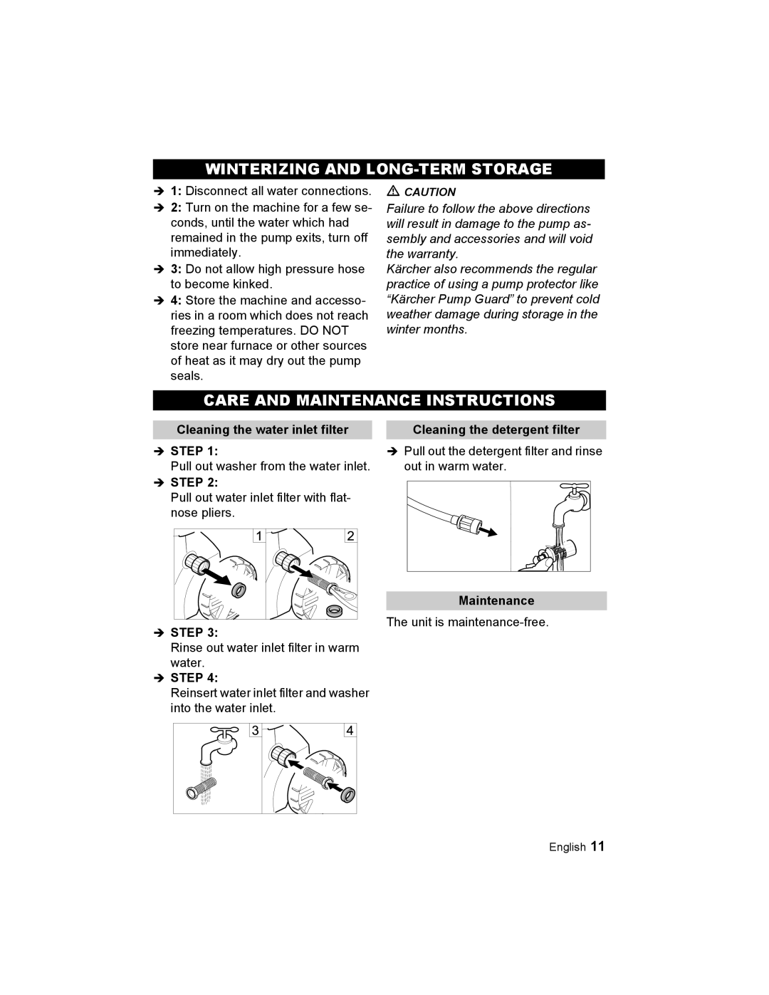 Karcher K 2.56 M Winterizing and LONG-TERM Storage, Care and Maintenance Instructions, Cleaning the water inlet filter 