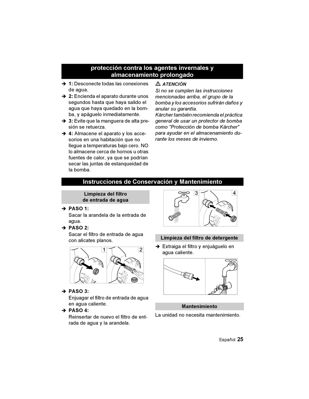 Karcher K 2.56 M manual Instrucciones de Conservación y Mantenimiento, Limpieza del filtro de entrada de agua 