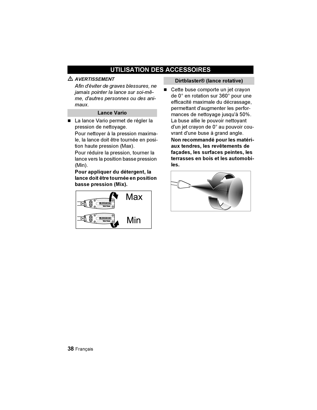 Karcher K 2.56 M manual Utilisation Des Accessoires, Lance Vario, Dirtblaster lance rotative 