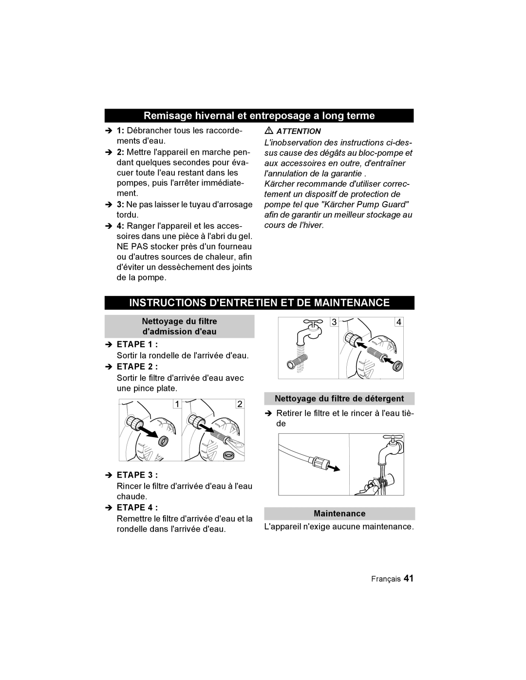 Karcher K 2.56 M manual Remisage hivernal et entreposage a long terme, Instructions Dentretien Et De Maintenance, Îetape 