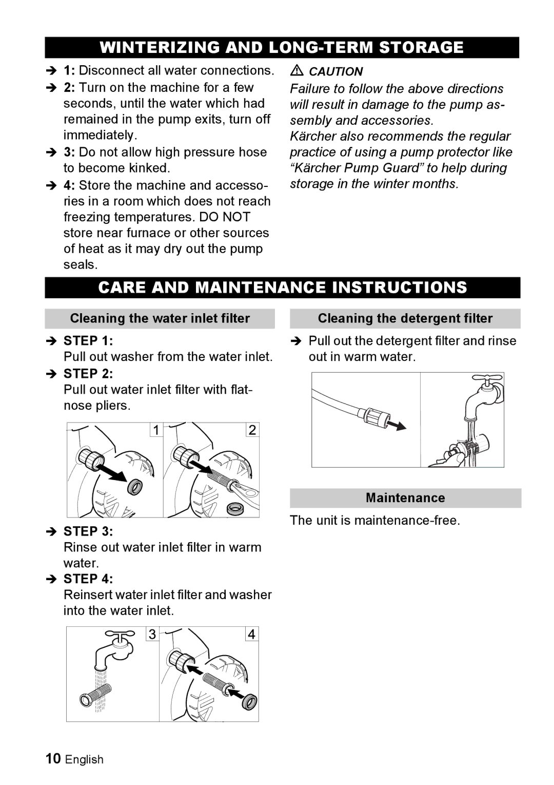 Karcher K 2.56M Winterizing and LONG-TERM Storage, Care and Maintenance Instructions, Cleaning the water inlet filter 