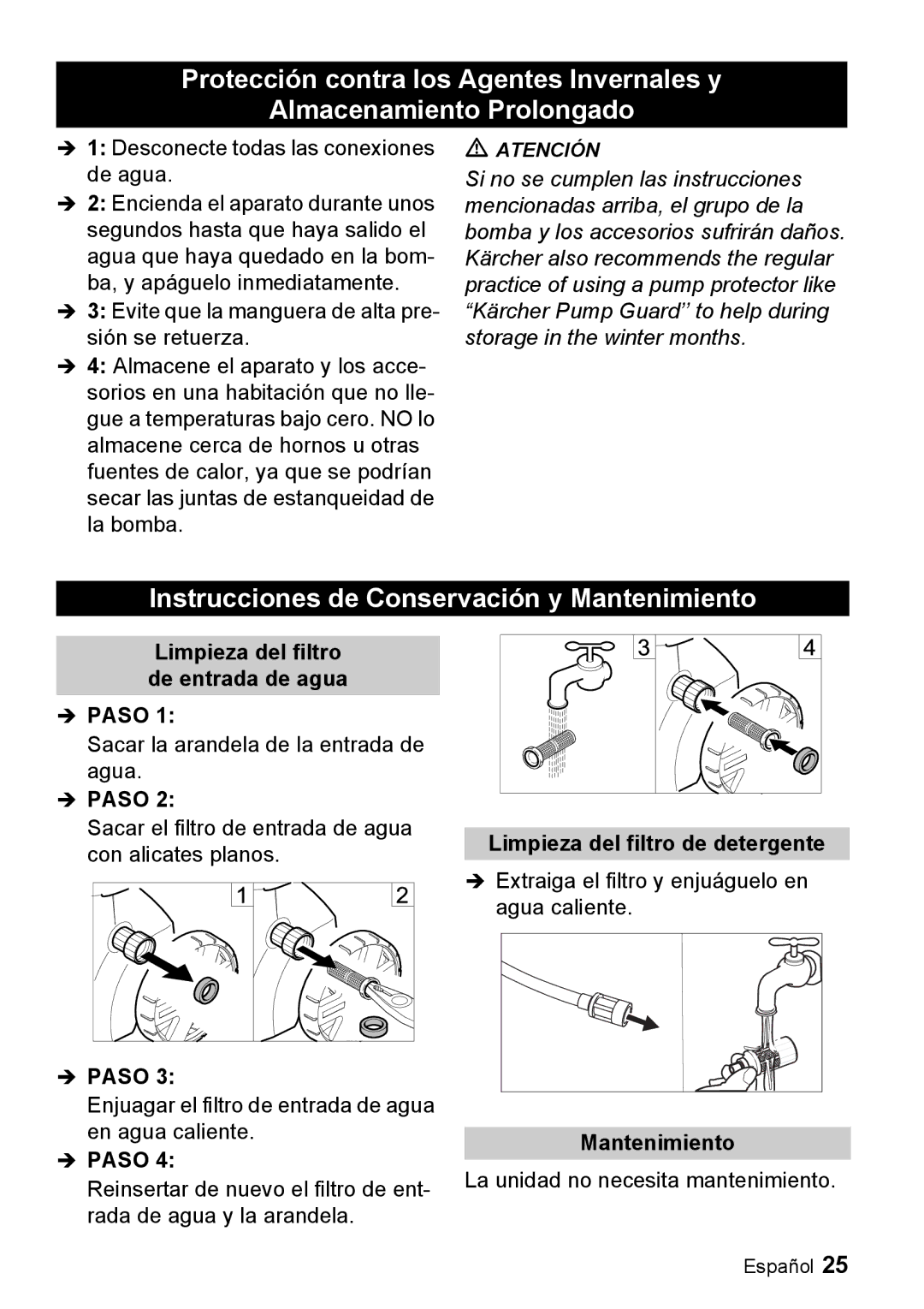 Karcher K 2.56M manual Instrucciones de Conservación y Mantenimiento, Limpieza del filtro de entrada de agua 