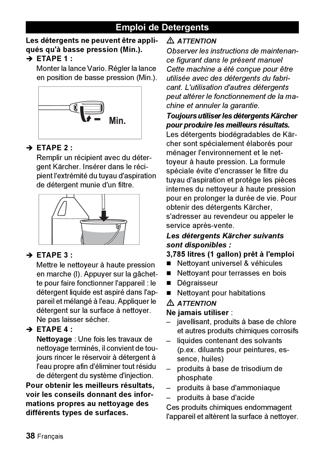 Karcher K 2.56M Emploi de Detergents, Les détergents Kärcher suivants sont disponibles, Litres 1 gallon prêt à lemploi 