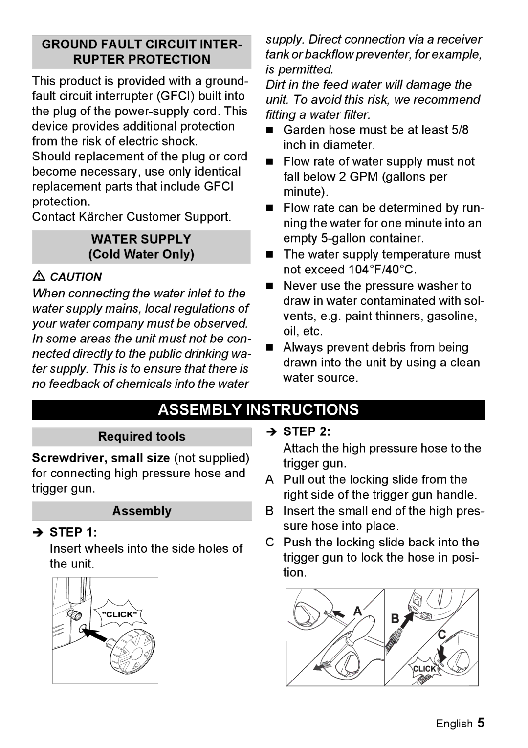 Karcher K 2.56M manual Assembly Instructions, Water Supply Cold Water Only 