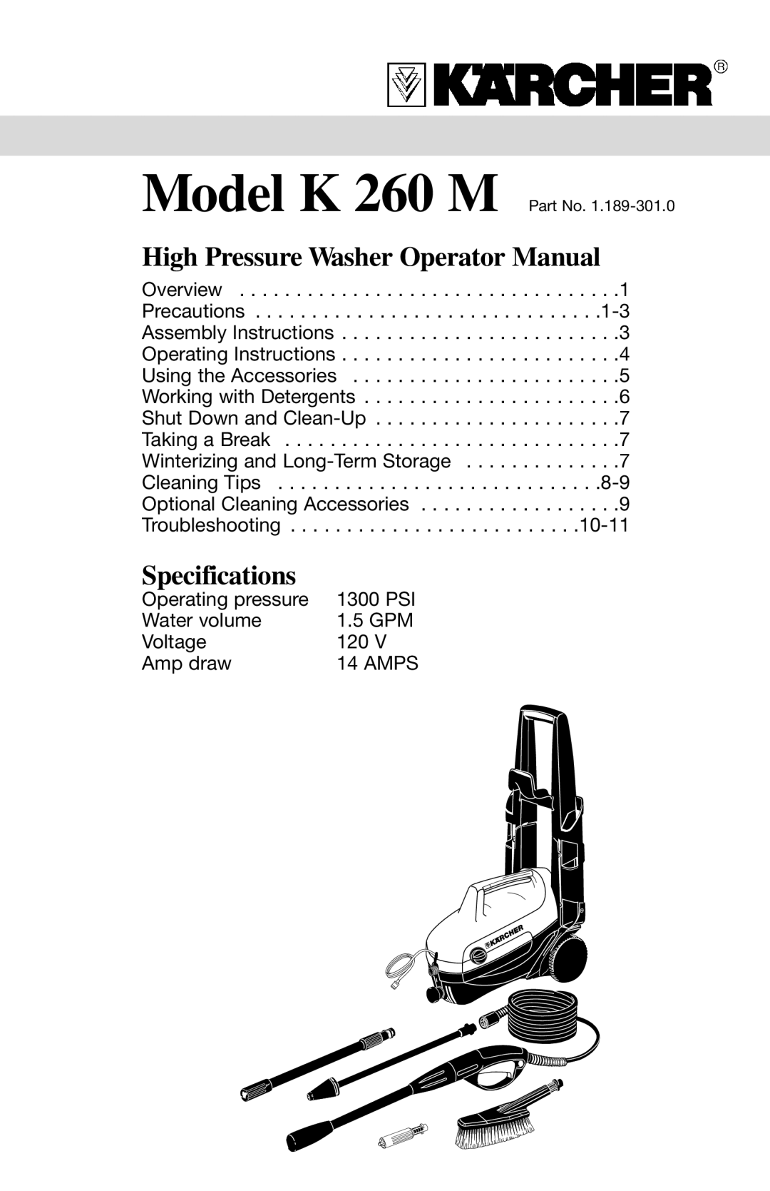 Karcher K 260 M specifications High Pressure Washer Operator Manual 