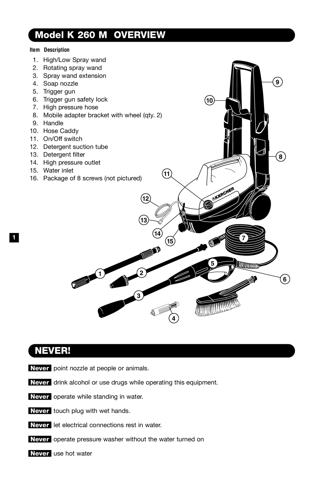 Karcher specifications Model K 260 M Overview, Never 