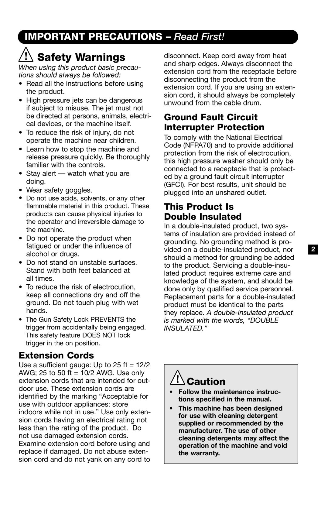 Karcher K 260 M Important Precautions Read First, Ground Fault Circuit Interrupter Protection, Extension Cords 