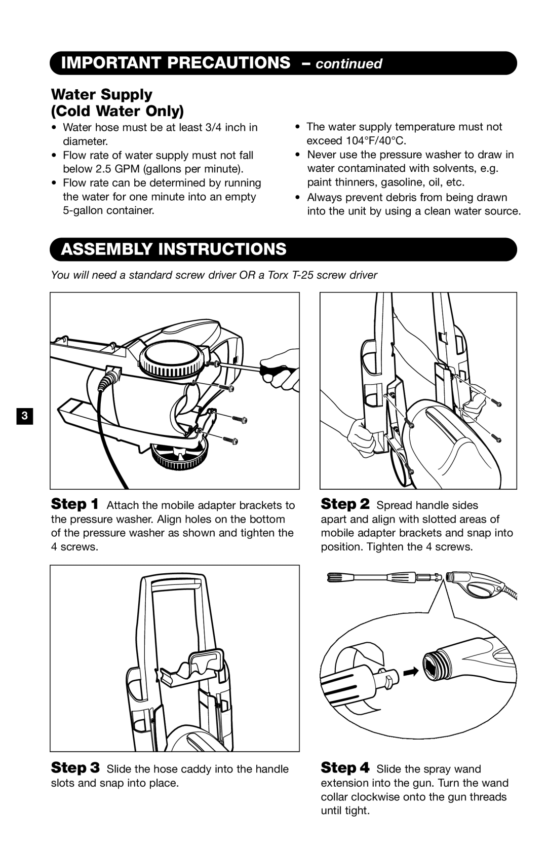 Karcher K 260 M specifications Important Precautions, Assembly Instructions, Water Supply Cold Water Only 