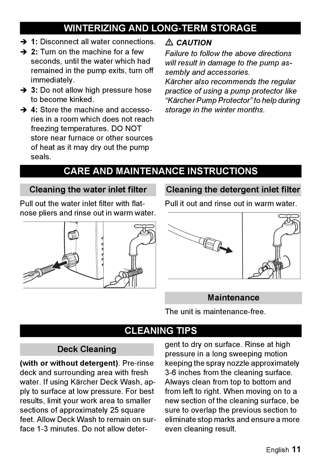 Karcher K 2.7 manual Winterizing and LONG-TERM Storage, Care and Maintenance Instructions, Cleaning Tips 