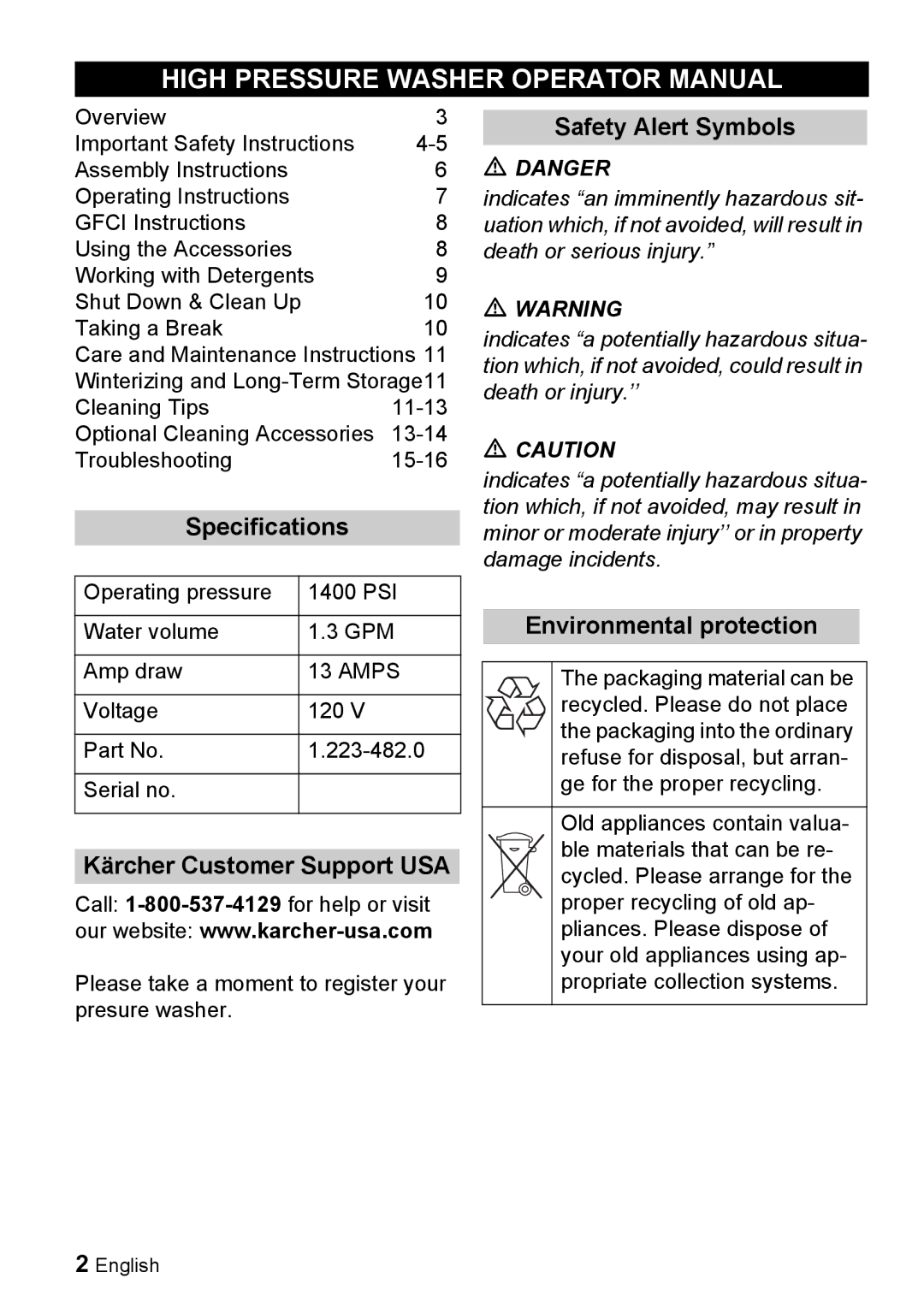 Karcher K 2.7 High Pressure Washer Operator Manual, Specifications, Kärcher Customer Support USA, Safety Alert Symbols 