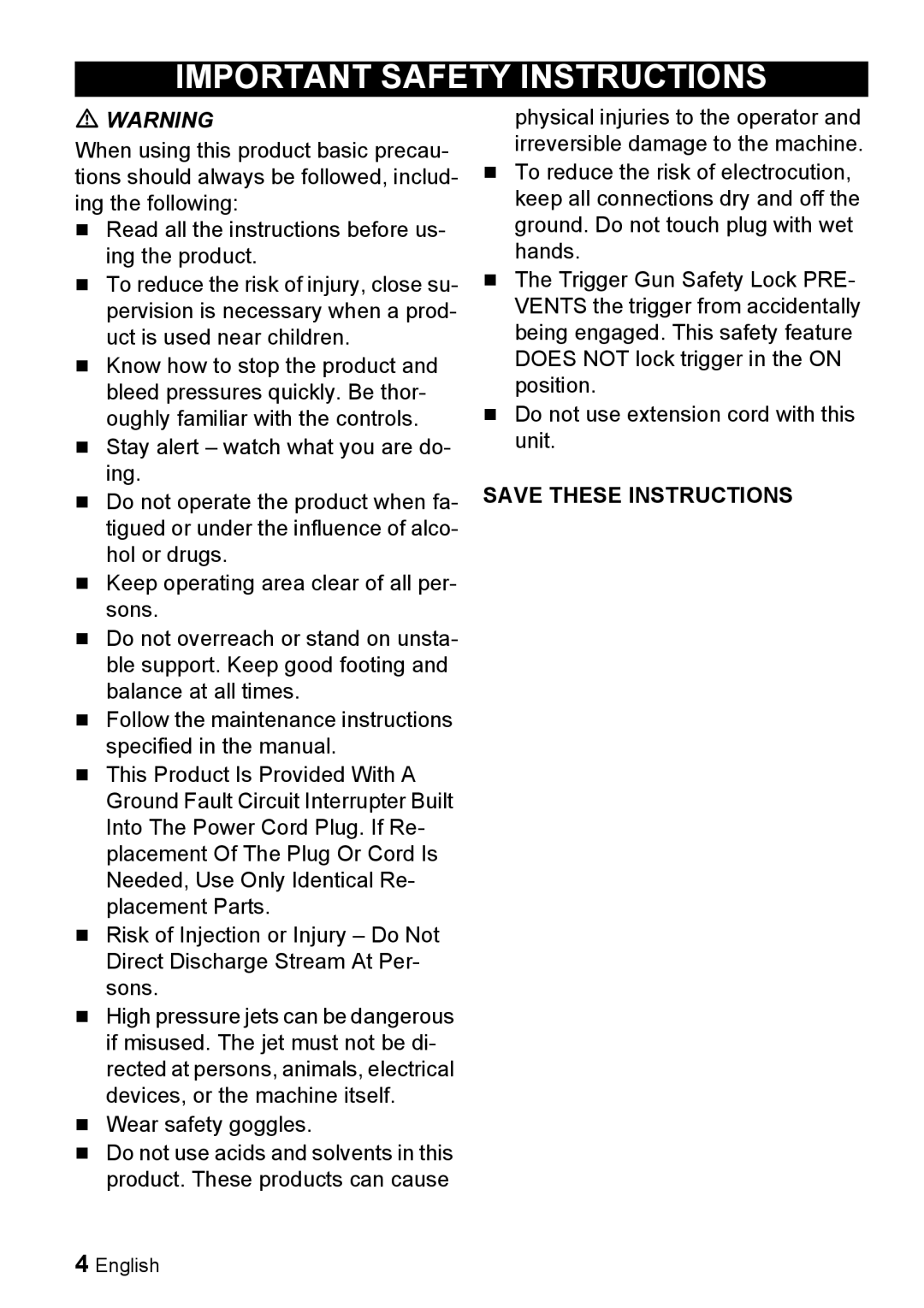 Karcher K 2.7 manual Important Safety Instructions 