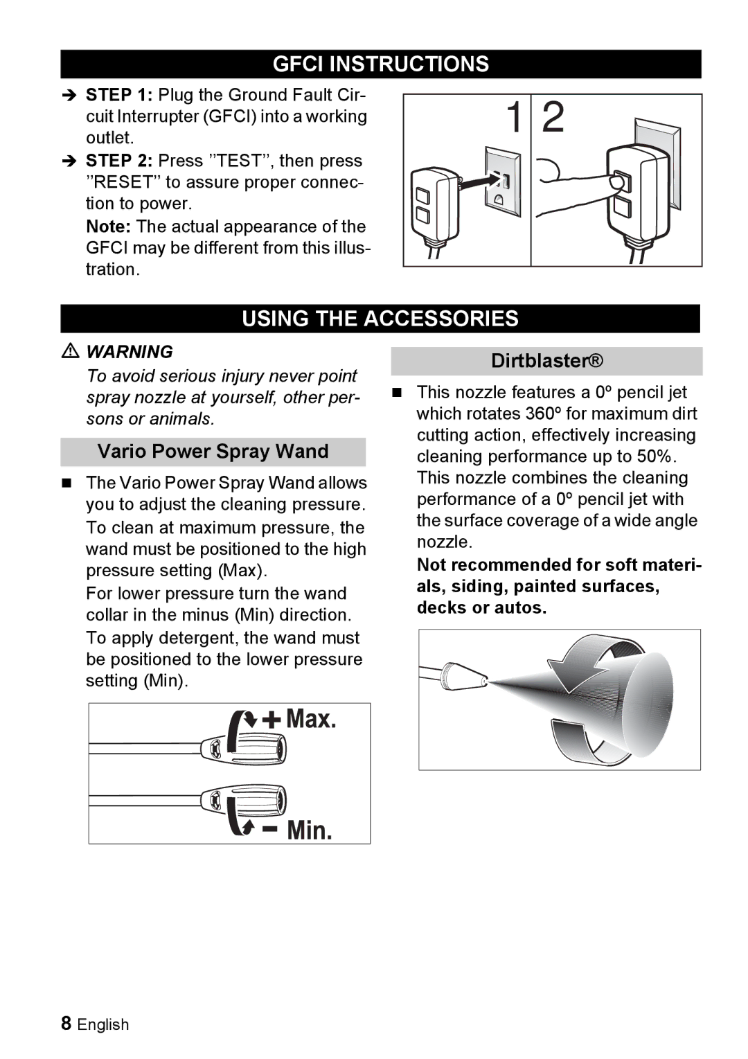 Karcher K 2.7 manual Gfci Instructions, Using the Accessories, Vario Power Spray Wand, Dirtblaster 