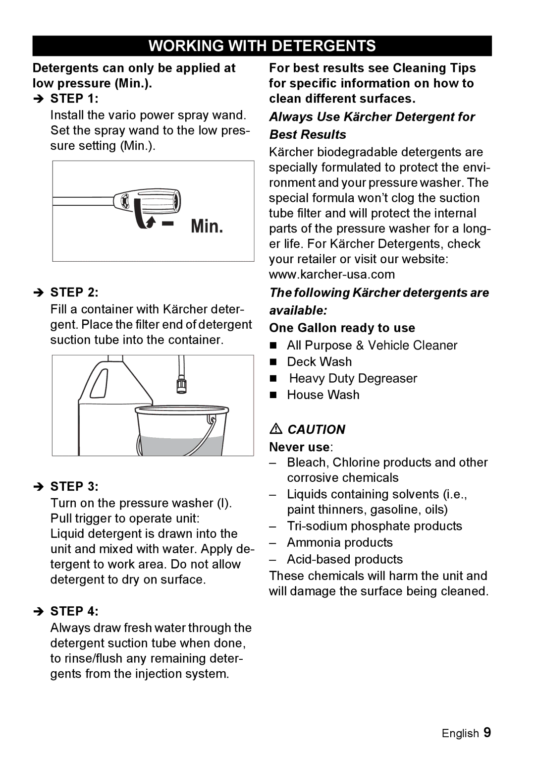 Karcher K 2.7 manual Working with Detergents, Never use 