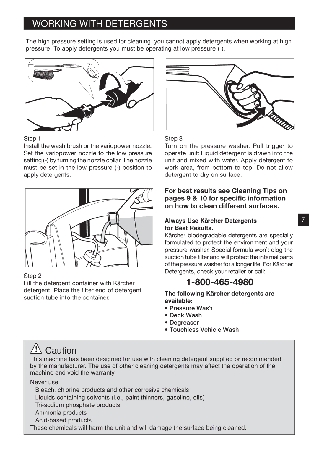 Karcher K 2.89 M specifications Working with Detergents, Following Kärcher detergents are available, Never use 