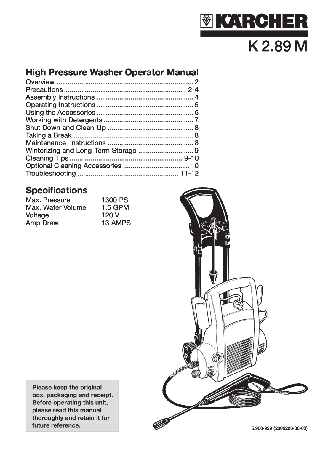 Karcher K 2.89 M specifications High Pressure Washer Operator Manual, Specifications 