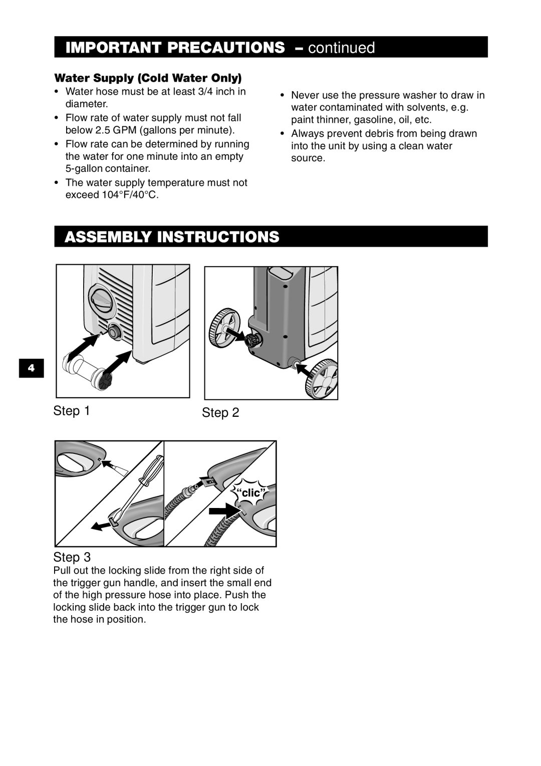 Karcher K 2.90 M specifications Assembly Instructions, Water Supply Cold Water Only 