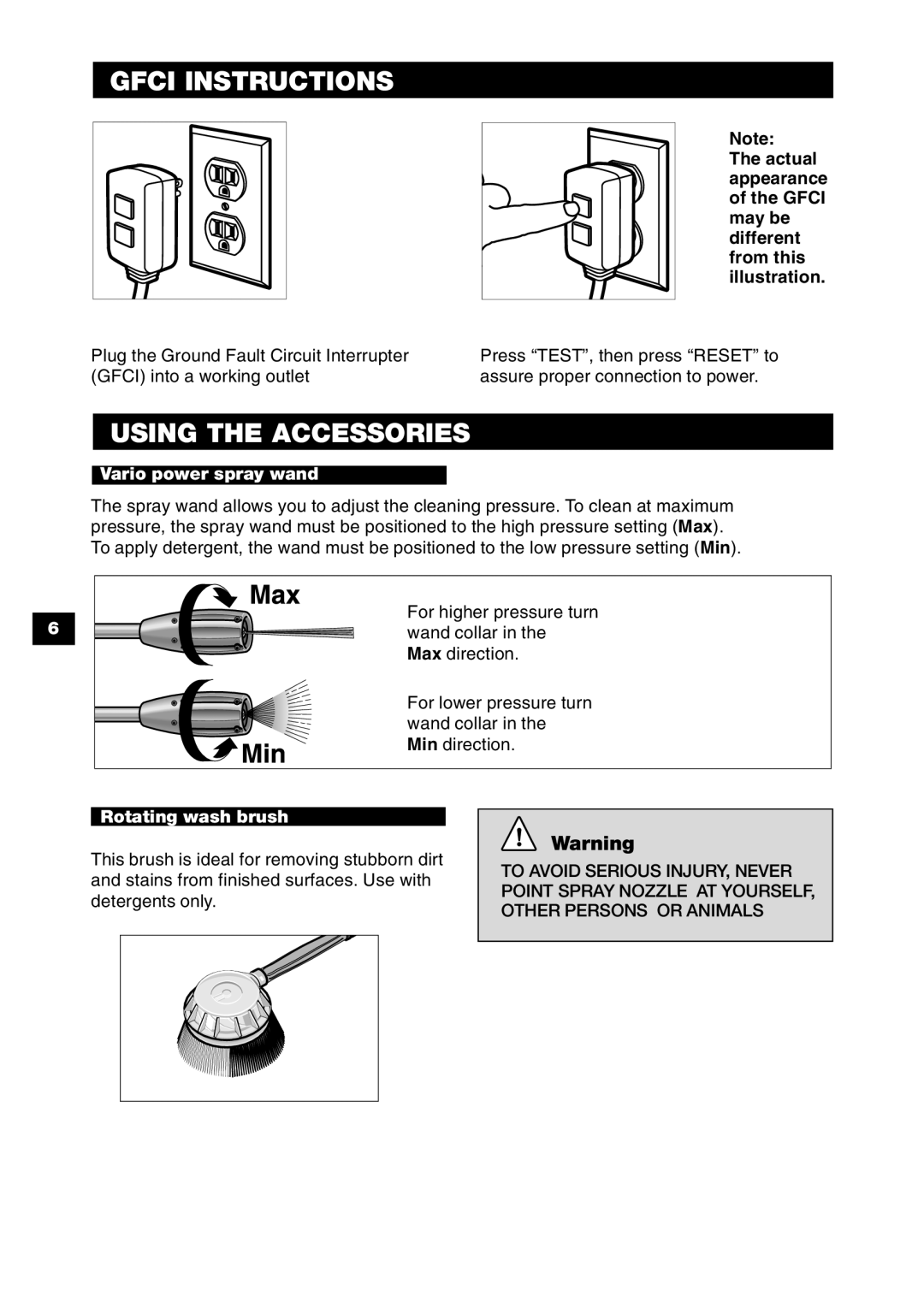 Karcher K 2.90 M specifications Gfci Instructions, Using the Accessories, Vario power spray wand, Rotating wash brush 