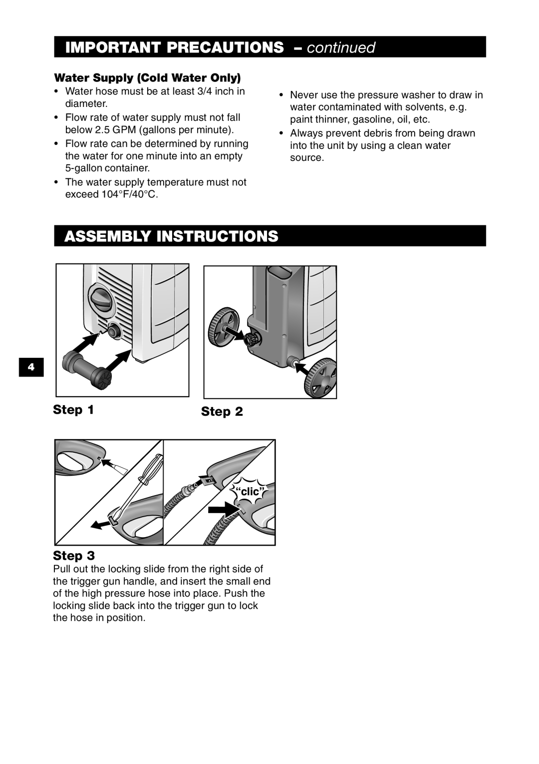 Karcher K 2.90 M IMPORTANT PRECAUTIONS - continued, Assembly Instructions, Step, Water Supply Cold Water Only 