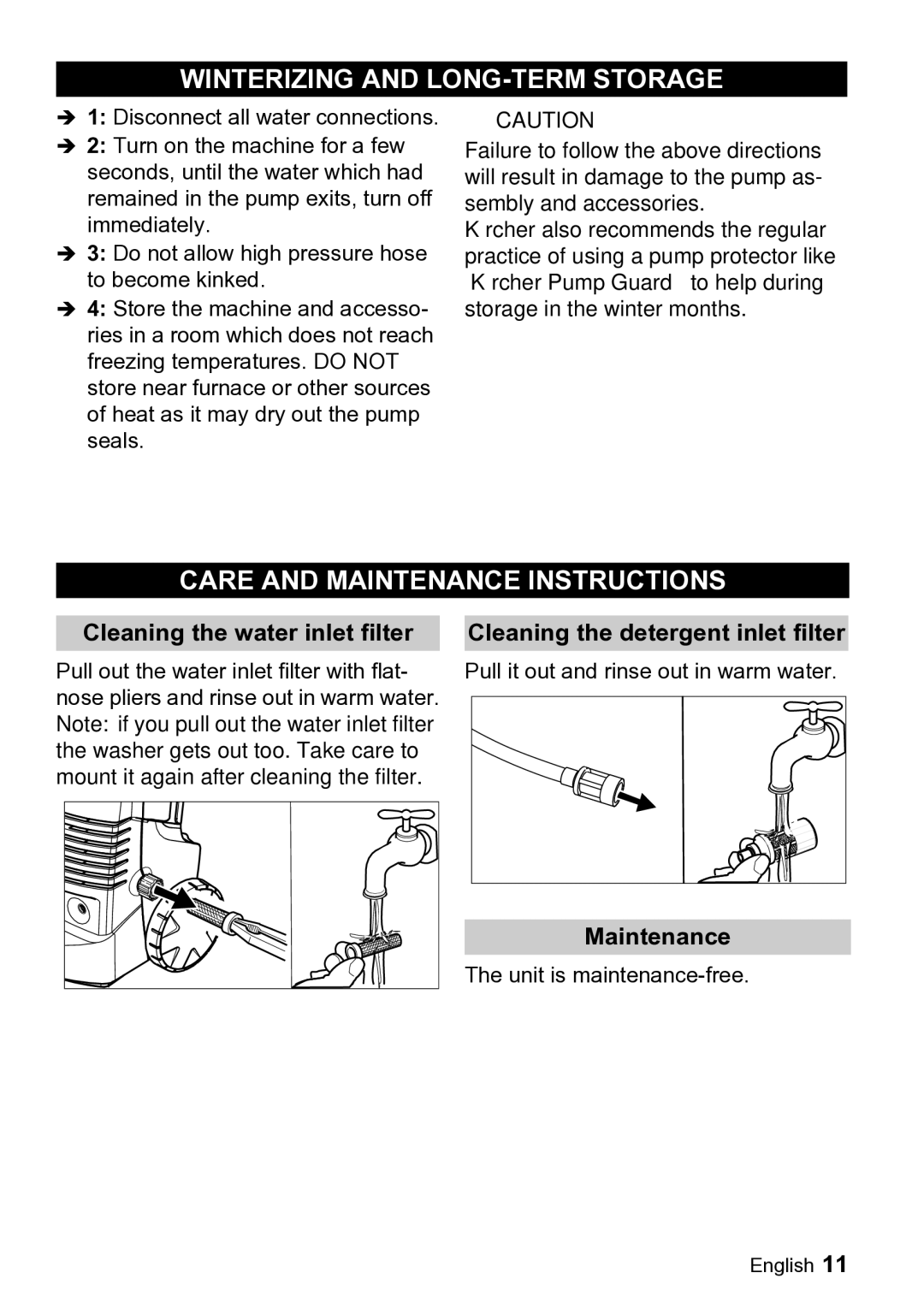 Karcher K 2.900M Winterizing and LONG-TERM Storage, Care and Maintenance Instructions, Cleaning the water inlet filter 