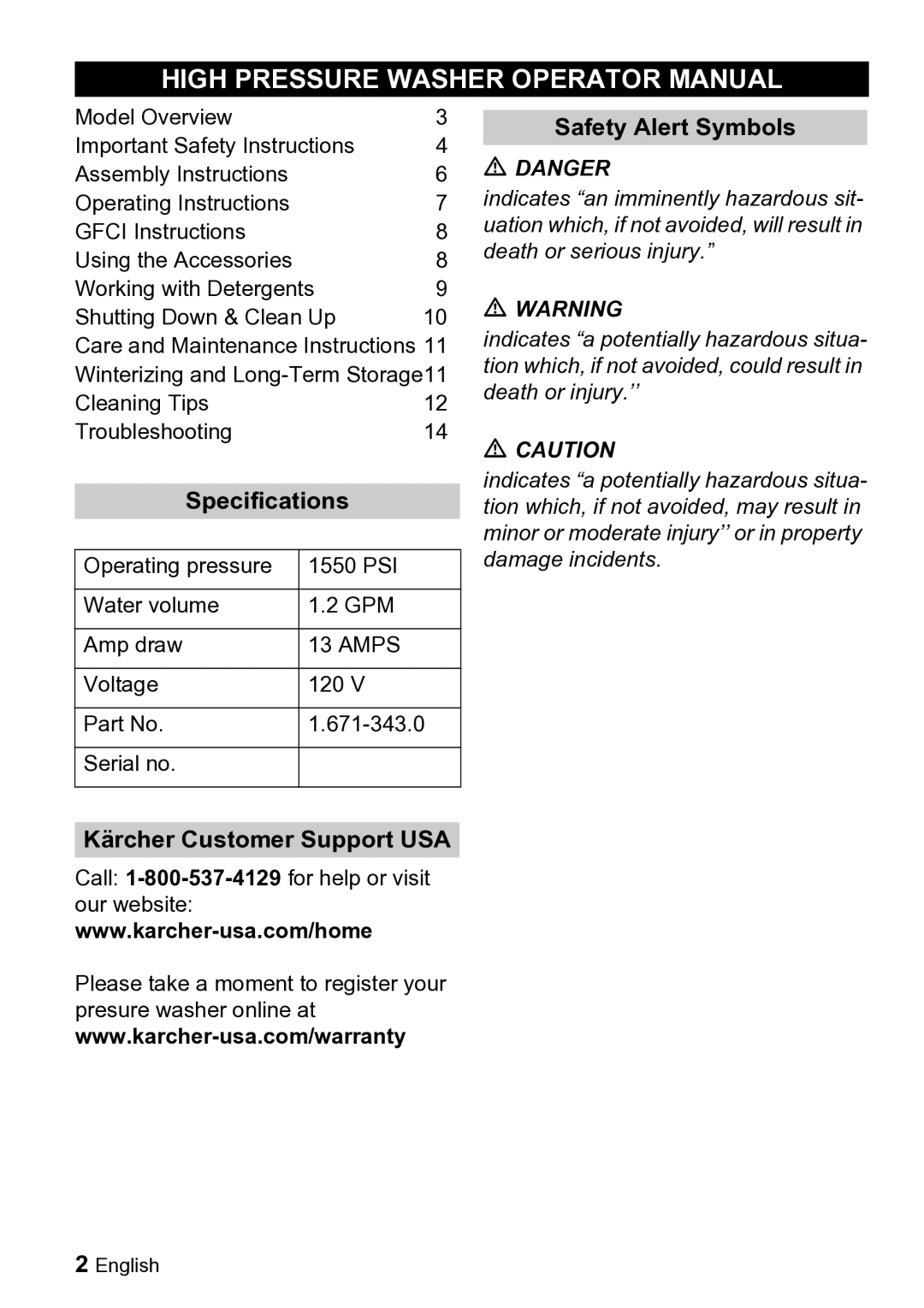 Karcher K 2.900M High Pressure Washer Operator Manual, Specifications, Safety Alert Symbols, Kärcher Customer Support USA 