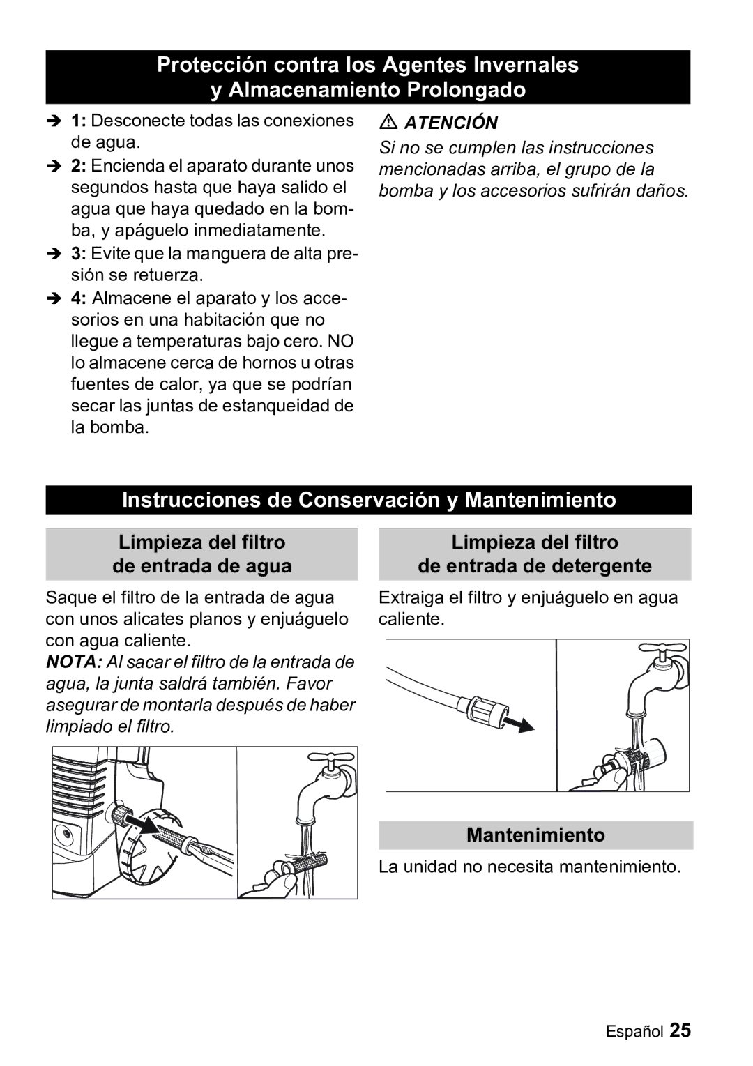 Karcher K 2.900M manual Instrucciones de Conservación y Mantenimiento, Limpieza del filtro 