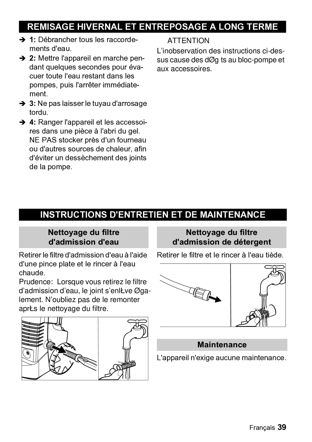 Karcher K 2.900M manual Remisage Hivernal ET Entreposage a Long Terme, Instructions Dentretien ET DE Maintenance 