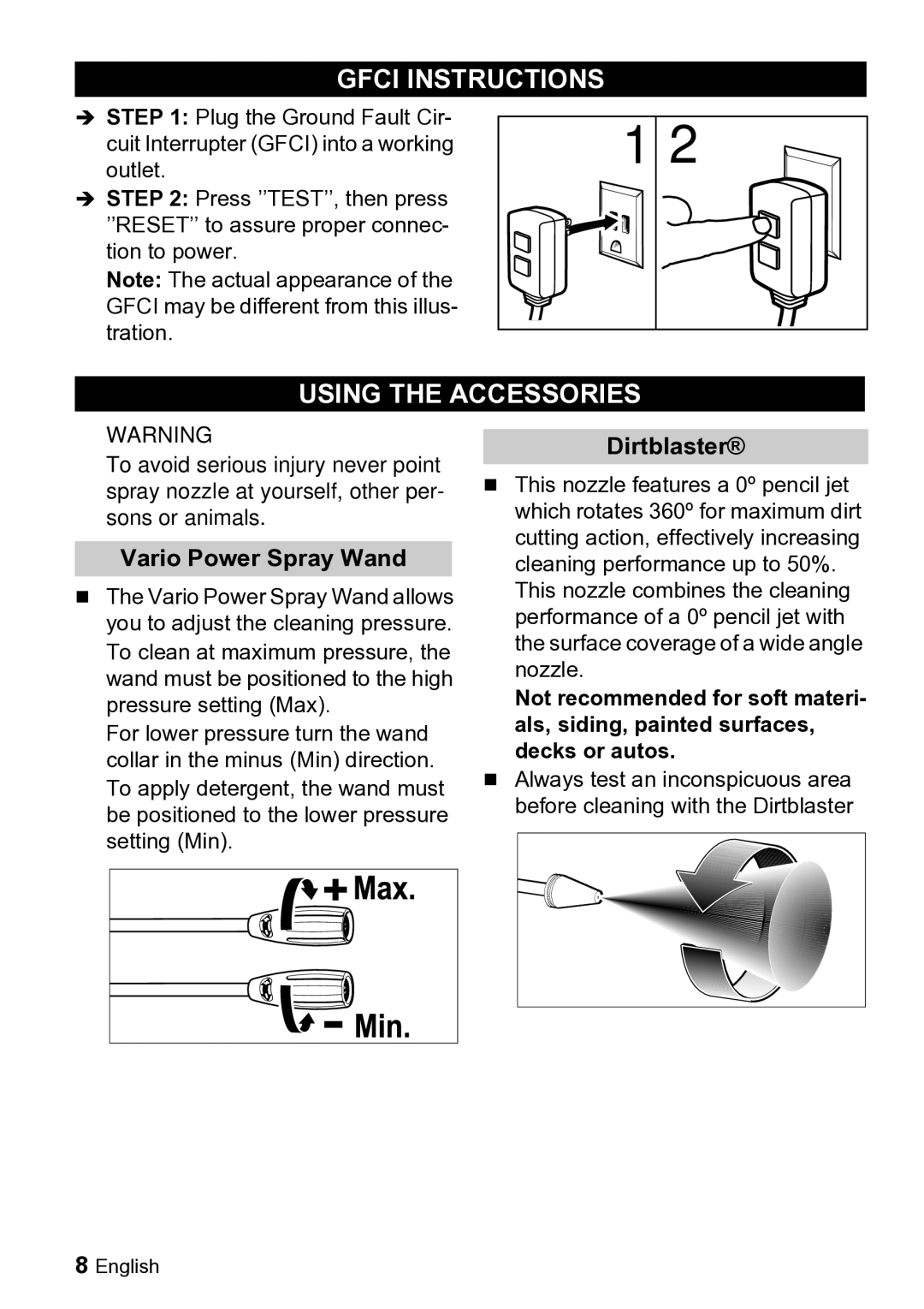 Karcher K 2.900M manual Gfci Instructions, Using the Accessories, Vario Power Spray Wand, Dirtblaster 