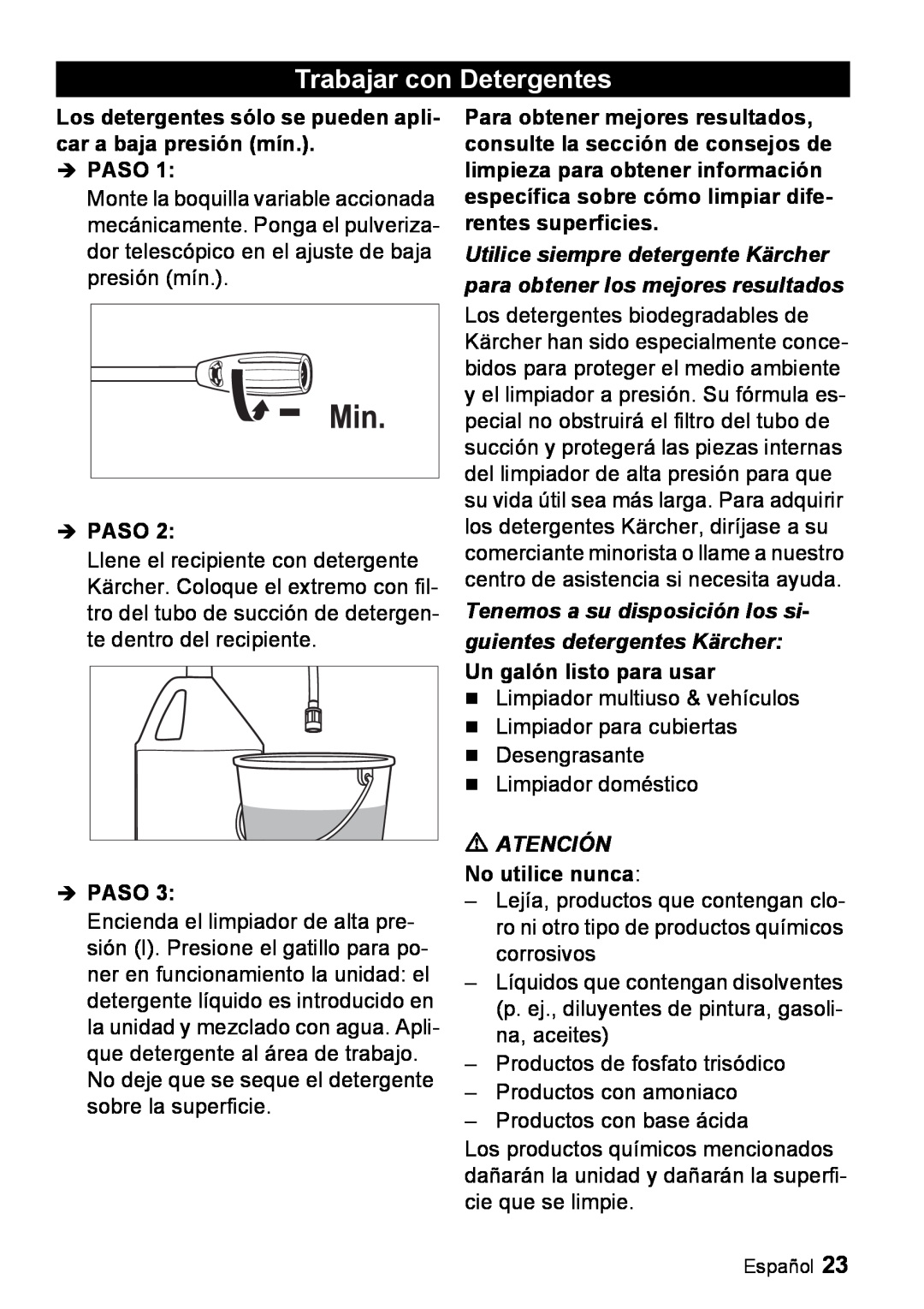 Karcher K 2.900M manual Trabajar con Detergentes, No utilice nunca, Paso 