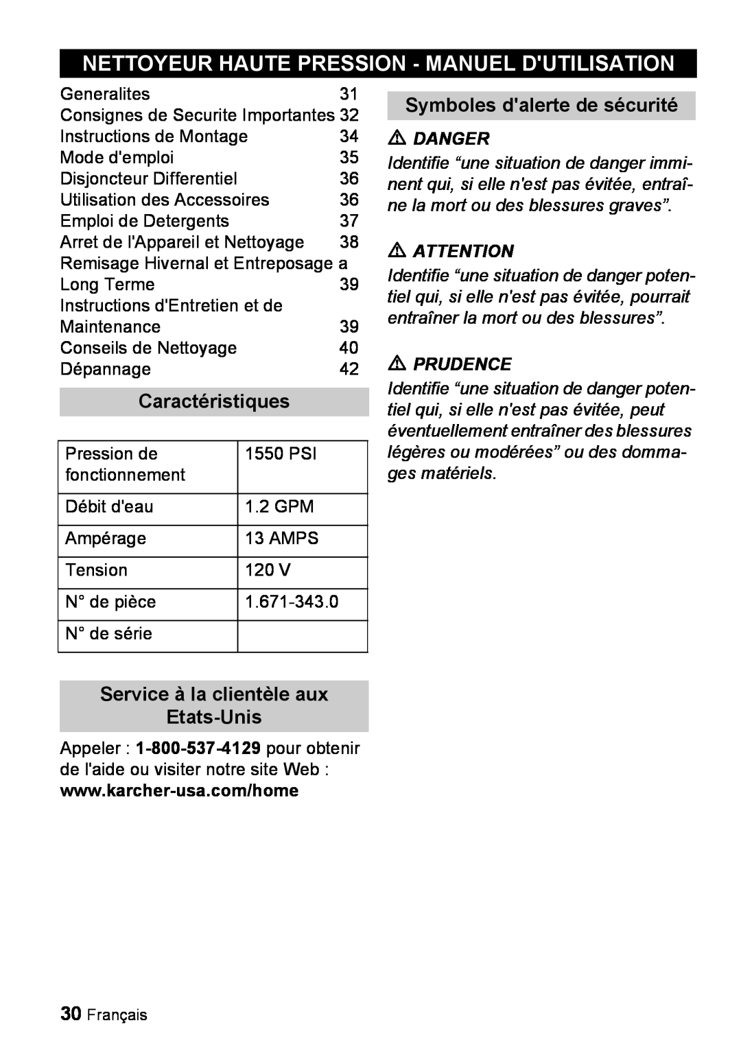 Karcher K 2.900M manual Nettoyeur Haute Pression - Manuel Dutilisation, Caractéristiques, Symboles dalerte de sécurité 