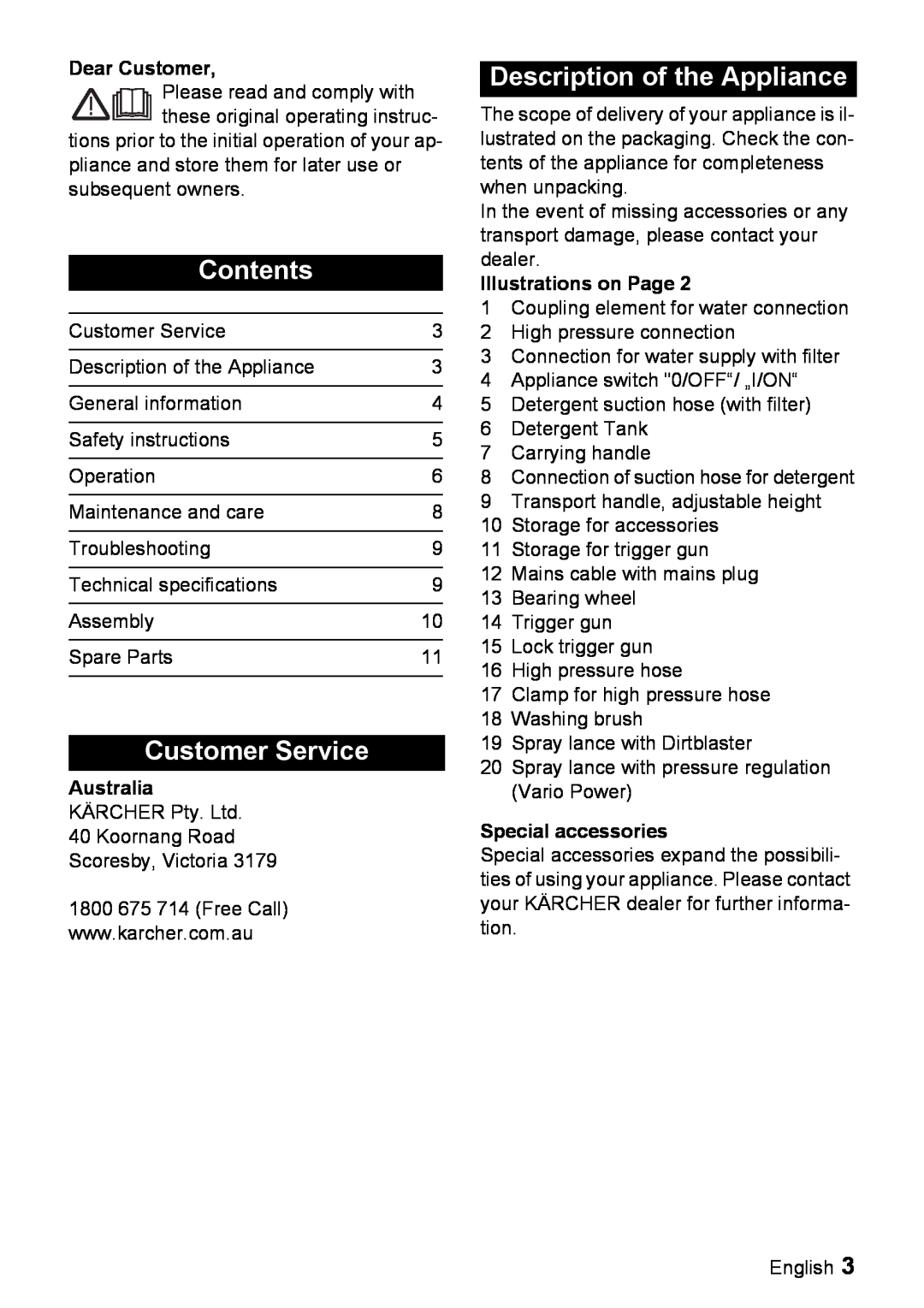 Karcher K 2.91 M Contents, Customer Service, Description of the Appliance, Australia, Illustrations on Page 