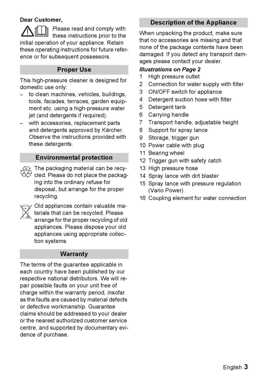 Karcher K 2.91 MD manual Proper Use, Environmental protection, Warranty, Description of the Appliance, Illustrations on 