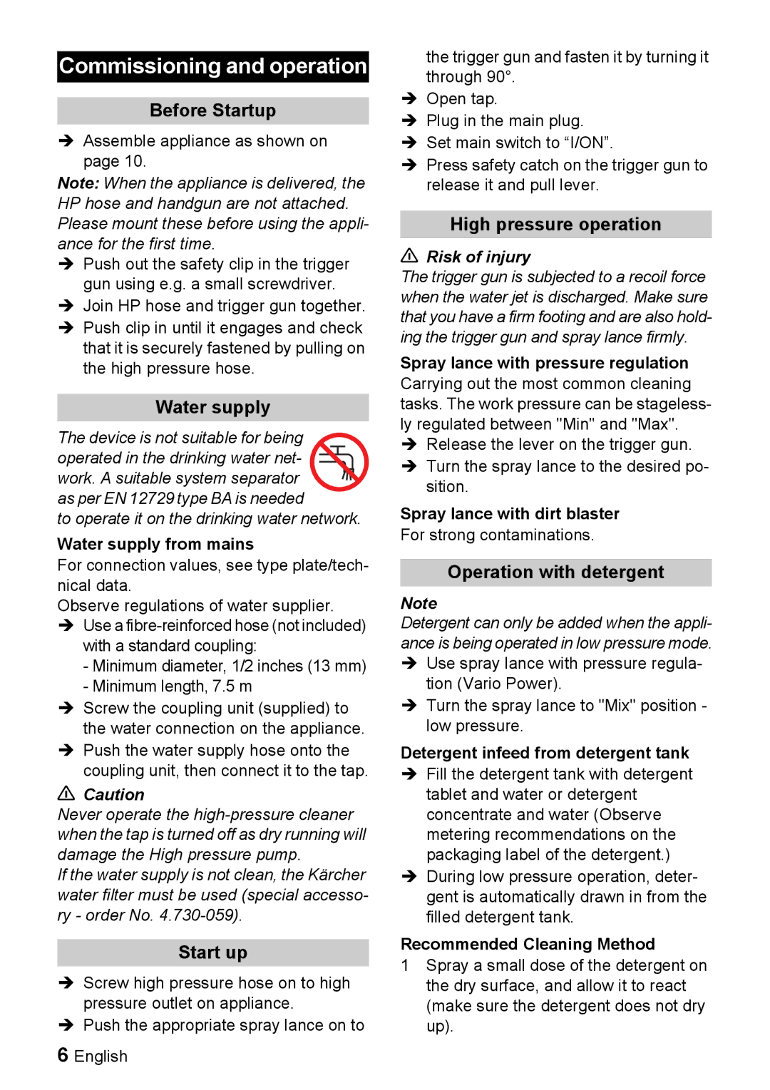 Karcher K 2.91 MD manual Commissioning and operation 