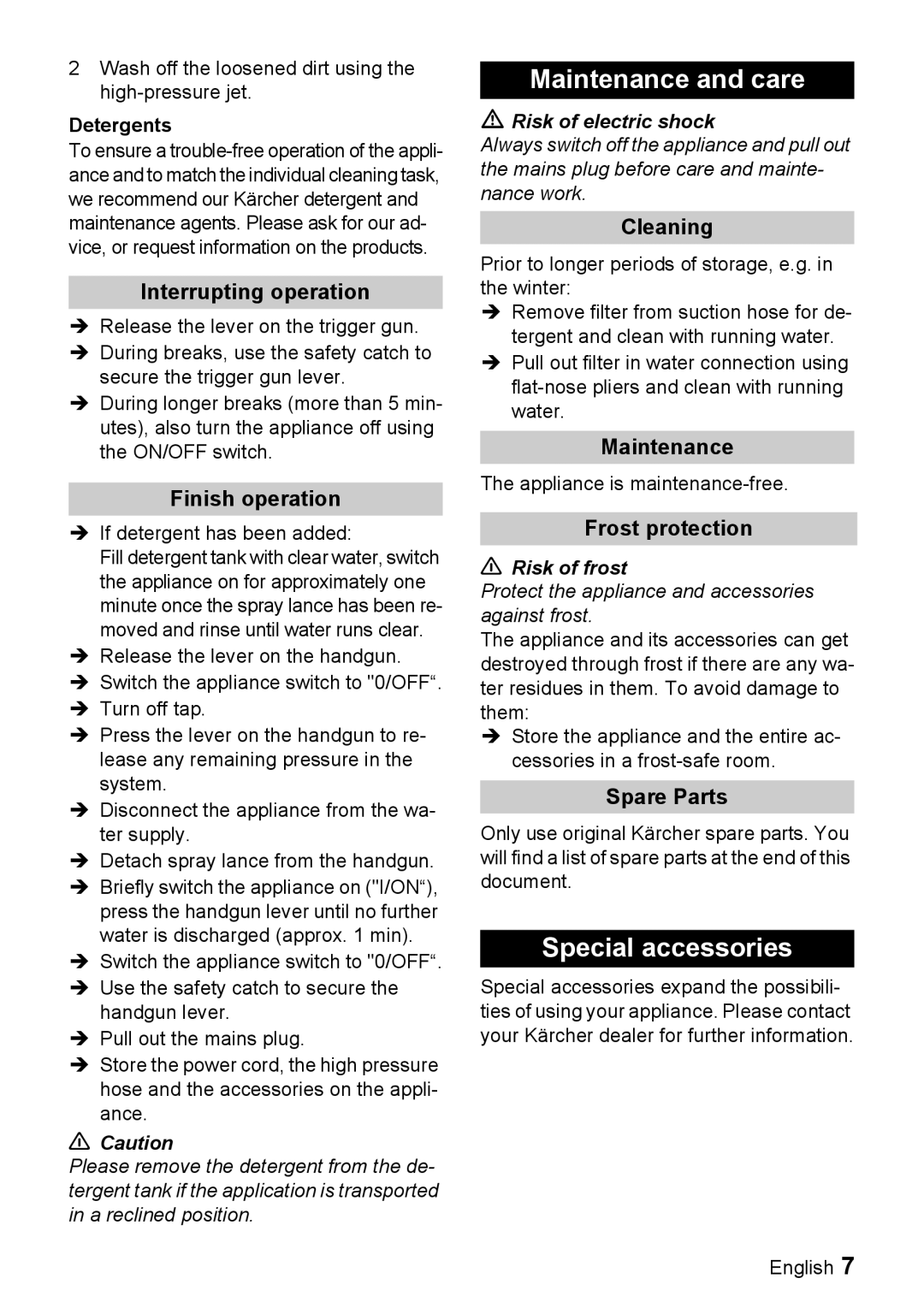 Karcher K 2.91 MD manual Maintenance and care, Special accessories 