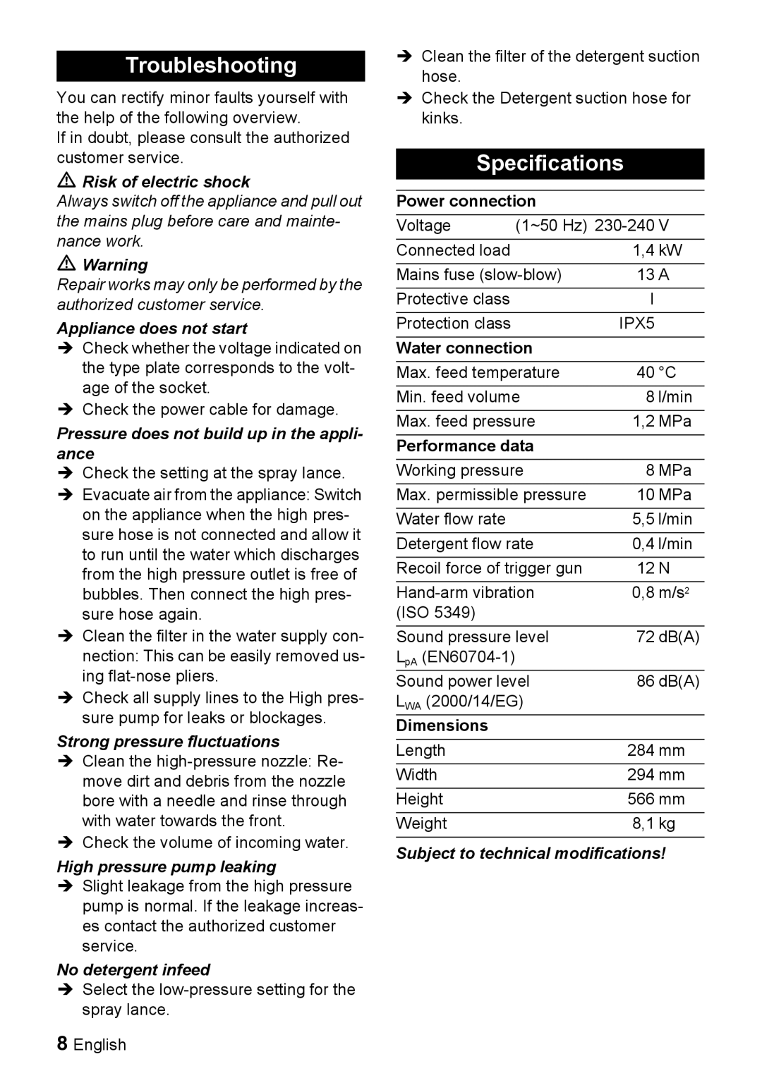 Karcher K 2.91 MD manual Troubleshooting, Specifications 